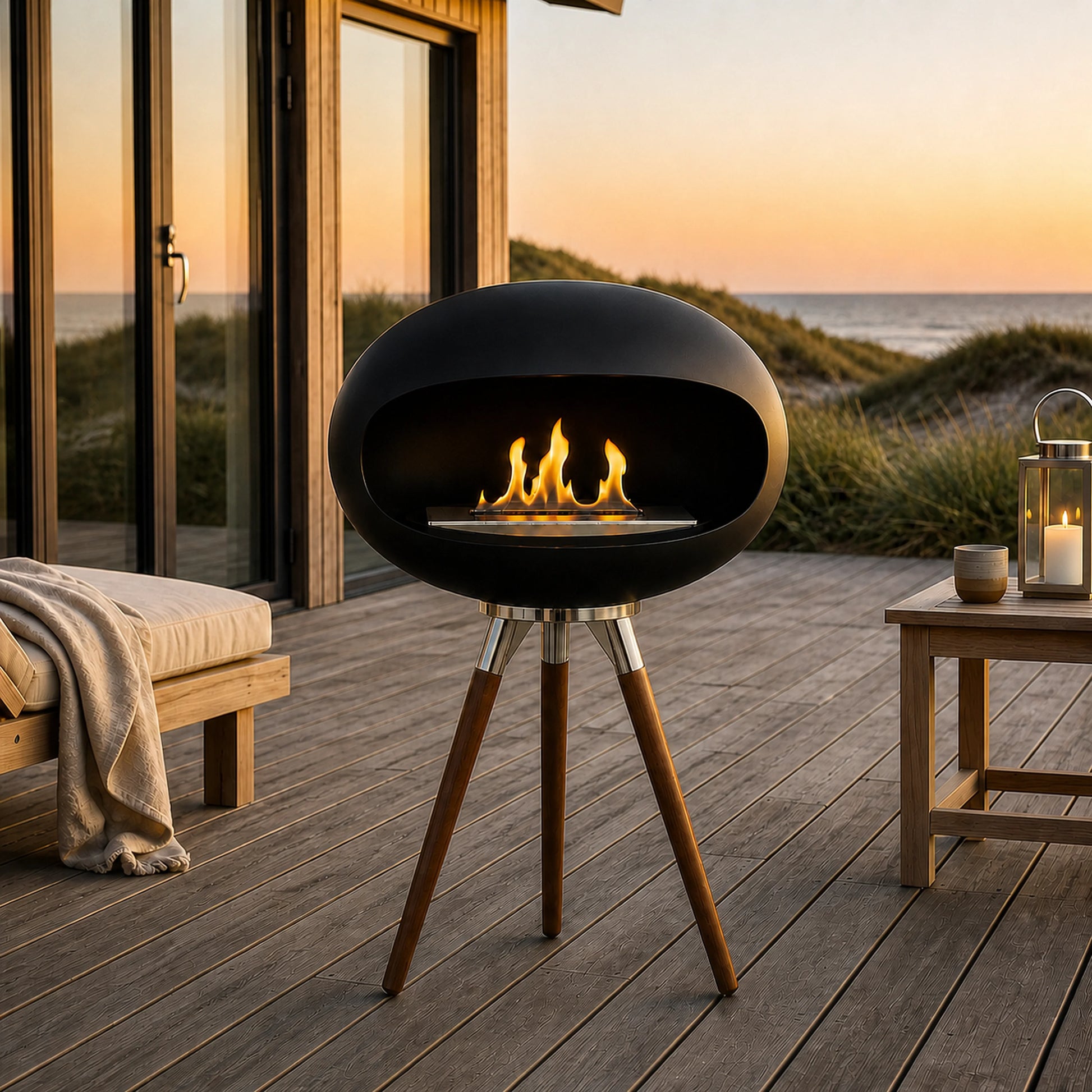 Sort udendørs Ember Terra biopejs på terrasse ved havet