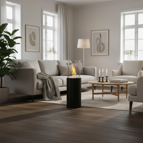 Fritstående biopejs sort med dekorative sten