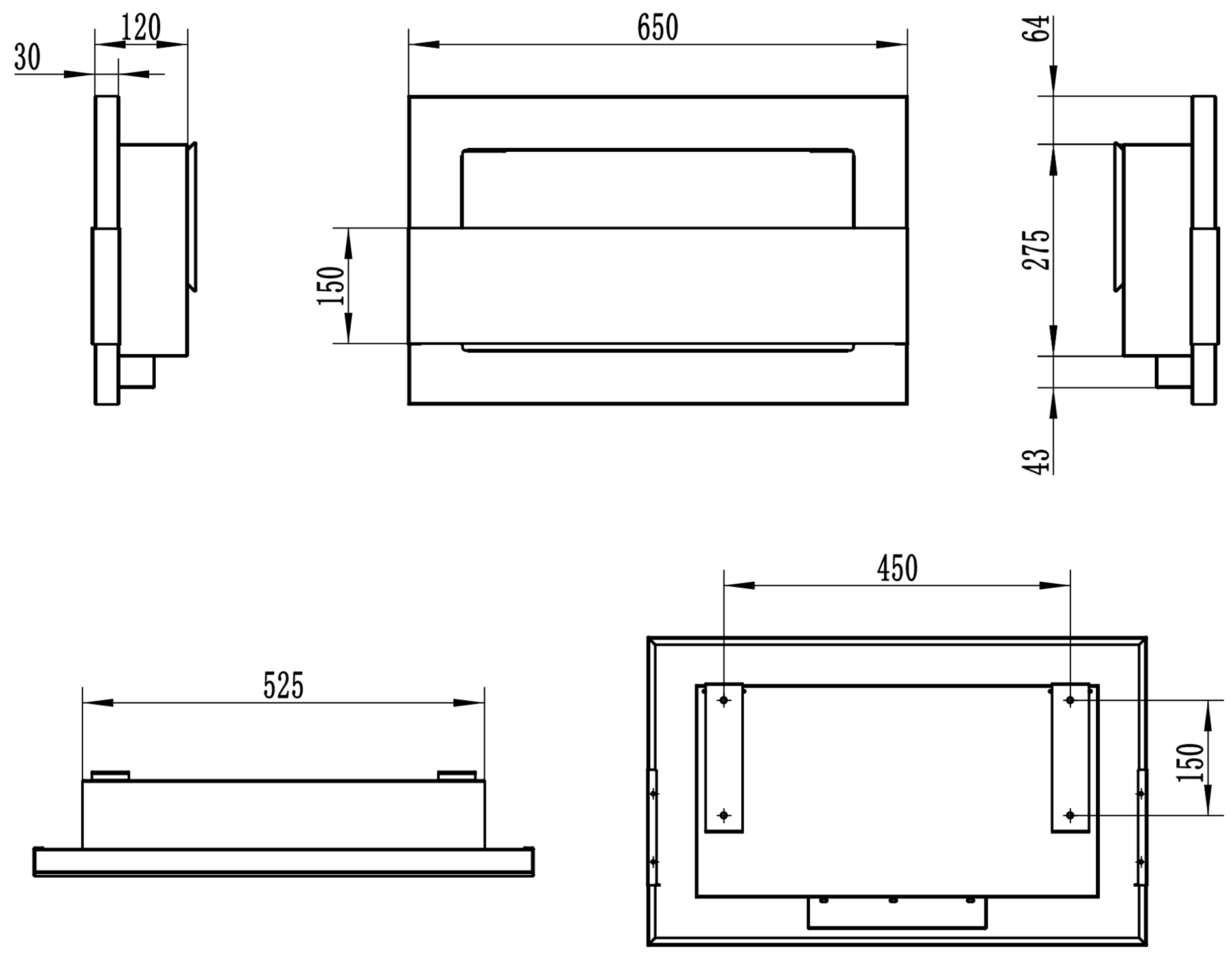 Væghængt biopejs 650x400 med glas i sortglans - Flamora