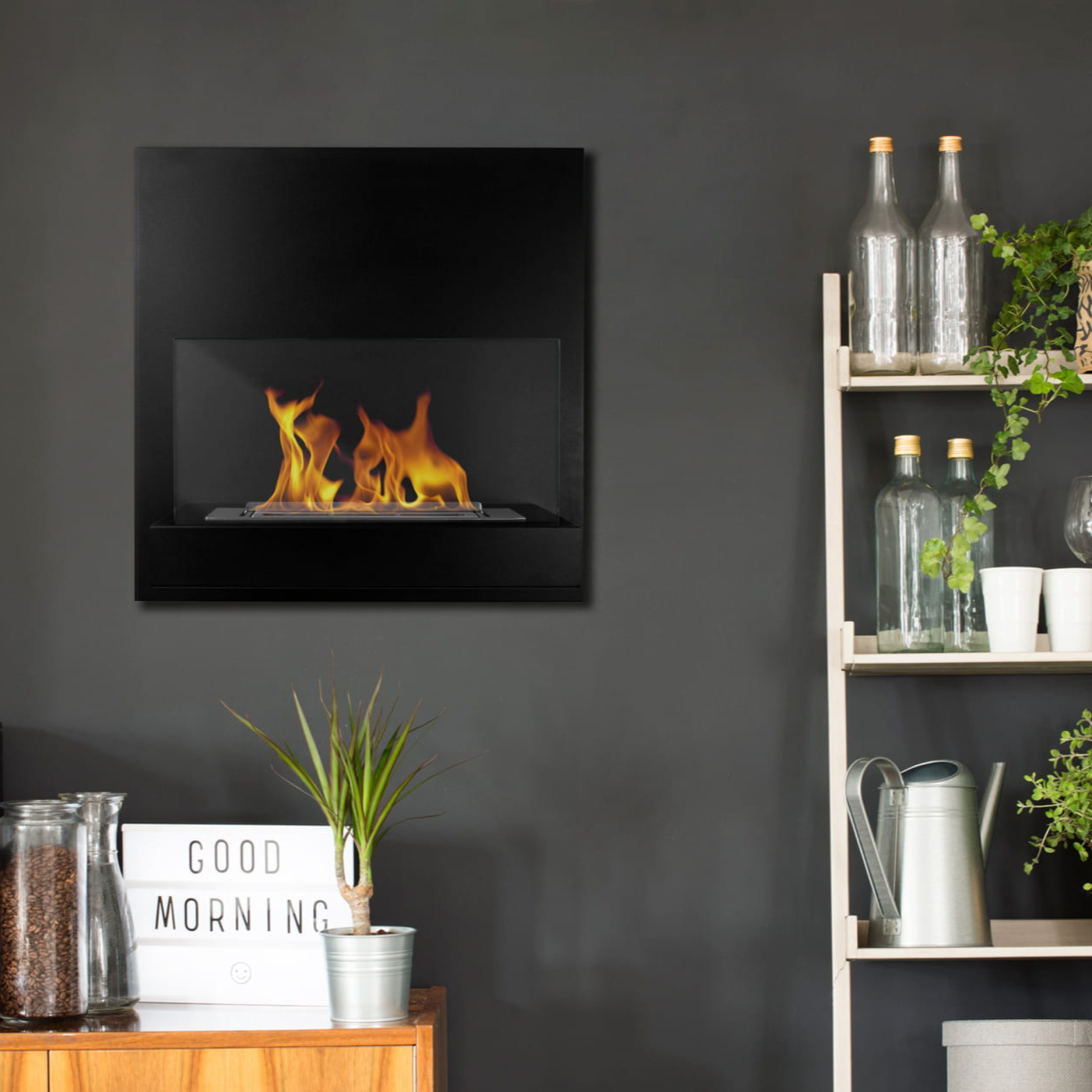 Board væghængt biopejs med glas 450x470 - matsort – detaljebillede