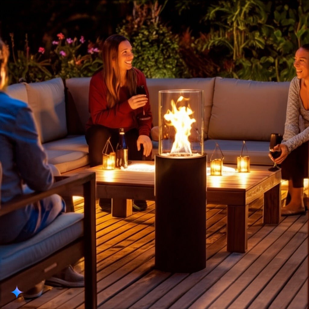 Fritstående biopejs sort med dekorative sten - Flamora