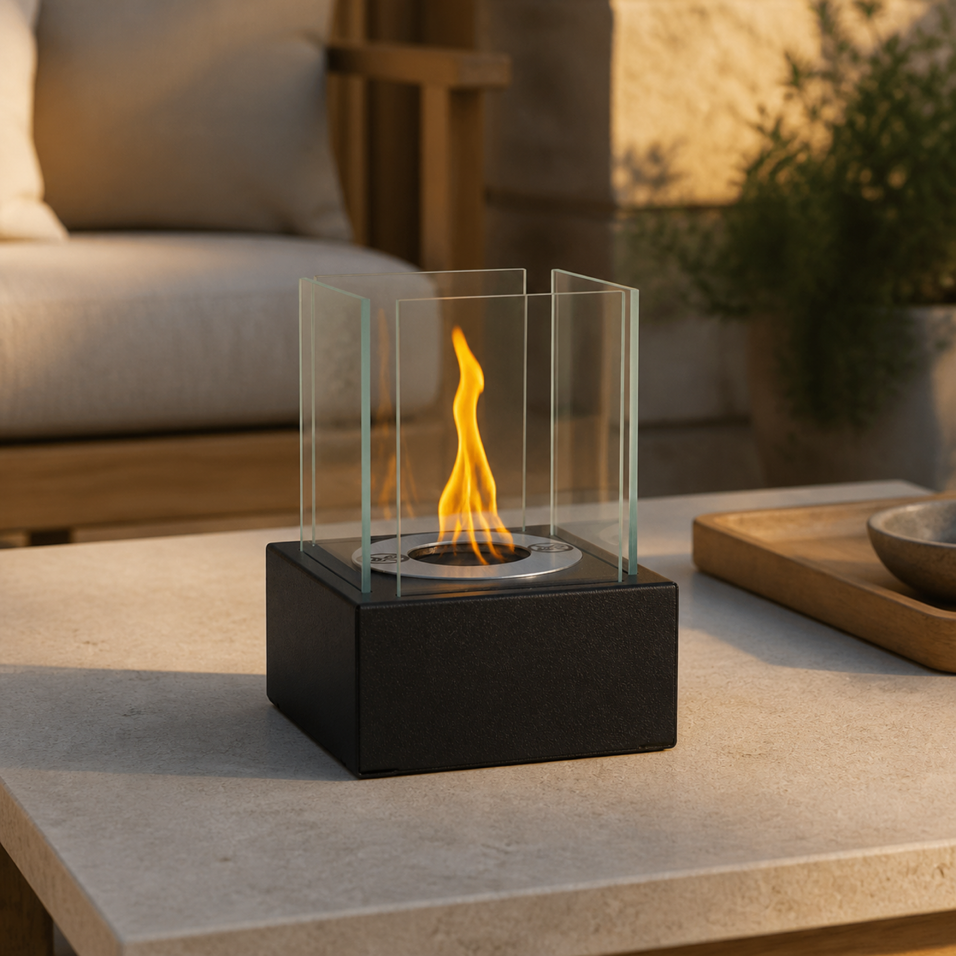 Smart bordbiopejs med glas i sort mat i gyldent eftermiddagslys