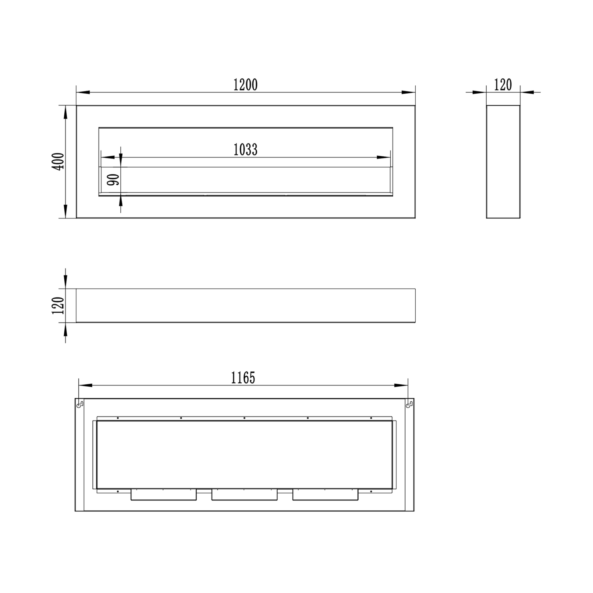 Teknisk måltegning af Væghængt biopejs 1200x400 BOX med glas - matsort