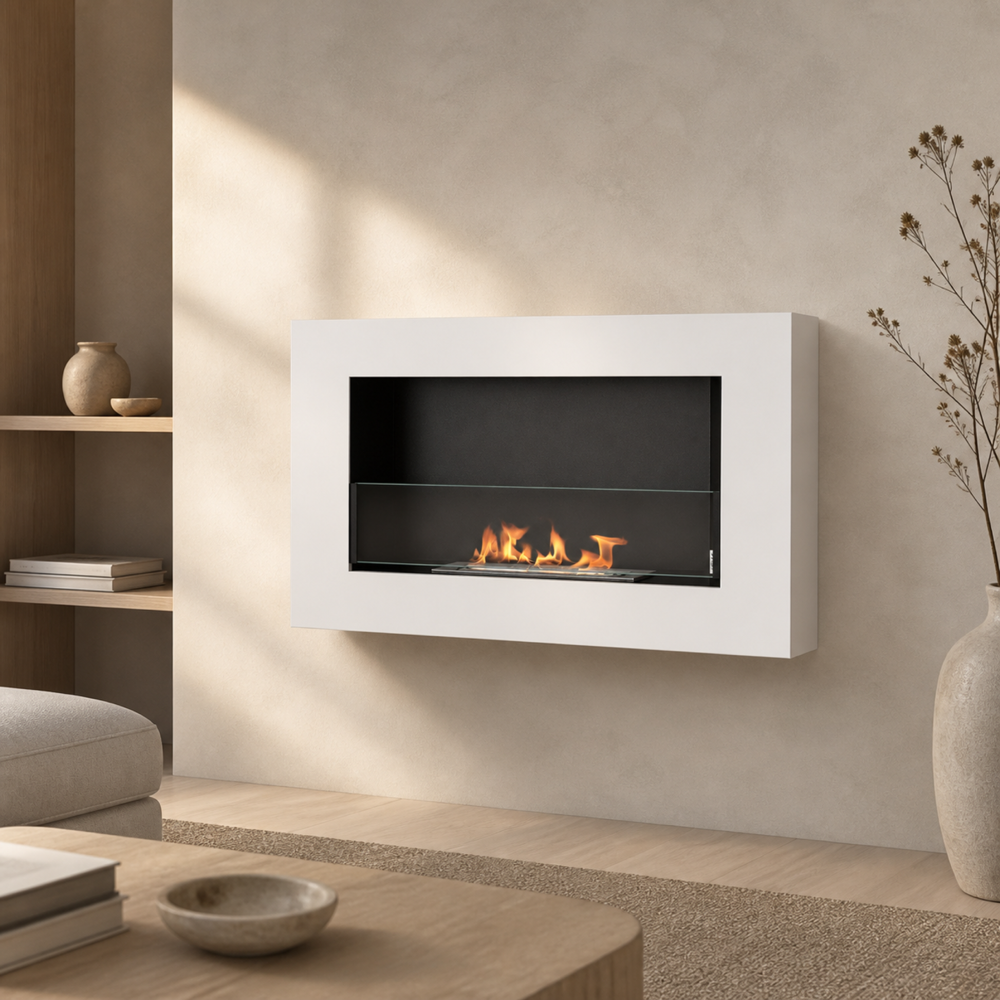 Væghængt biopejs 650x400 BOX med glas - hvid – miljøbillede