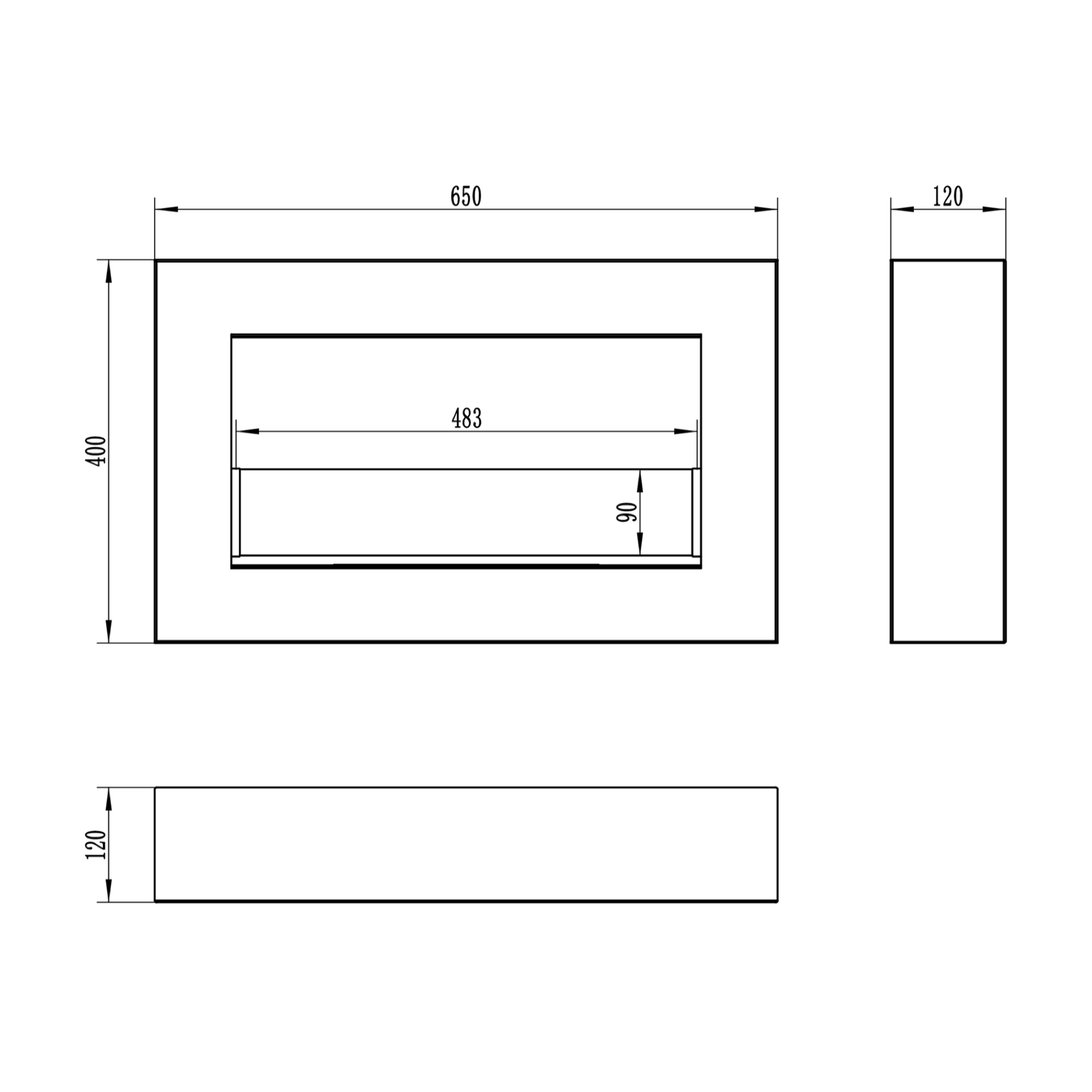 Væghængt biopejs 650x400 BOX med glas - hvid – teknisk måltegning