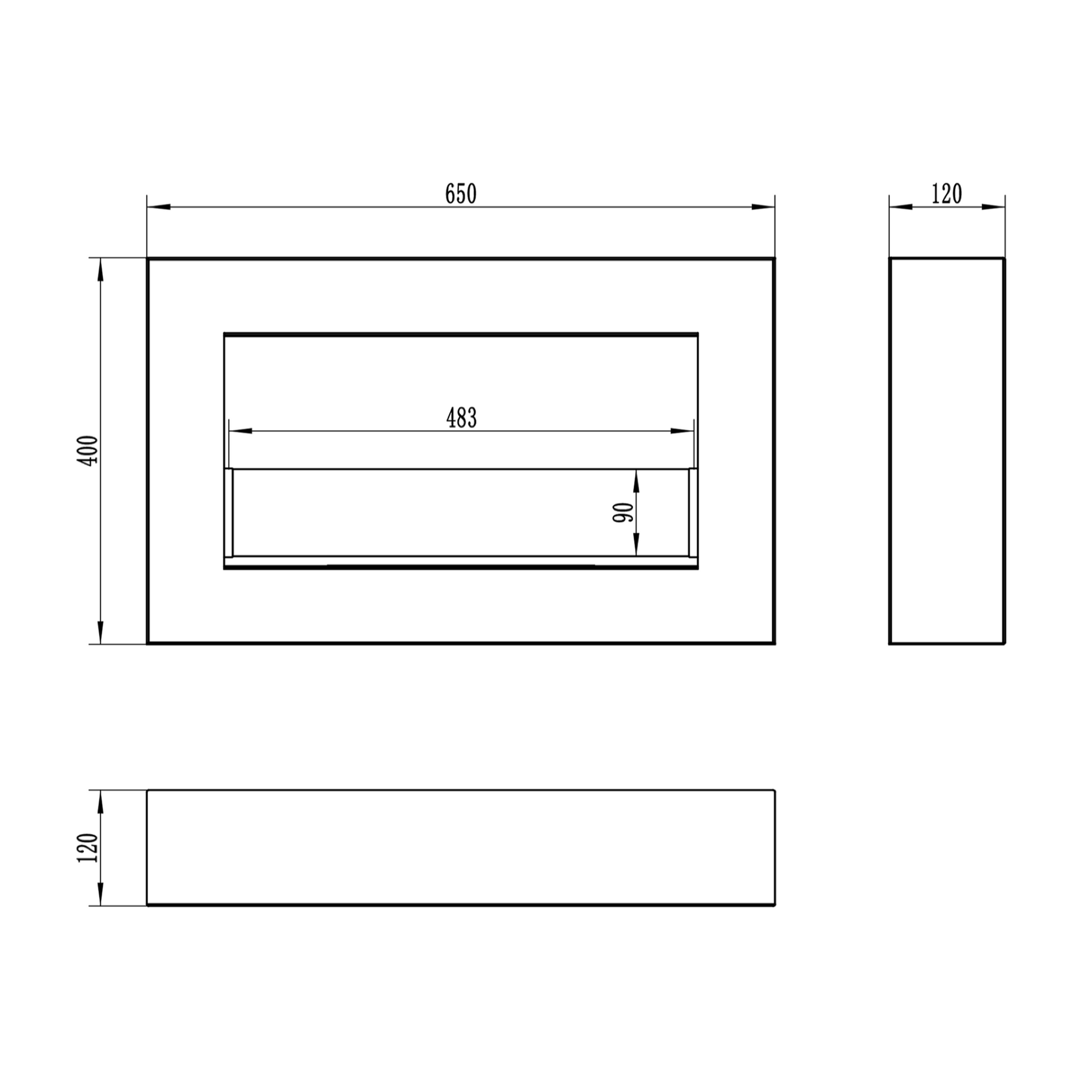 Teknisk måltegning af Væghængt biopejs 650x400 BOX med glas - matsort